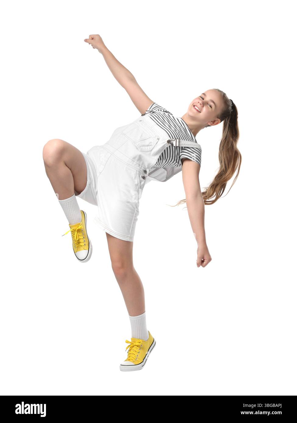 Girl in stylish clothes dancing on white background Stock Photo