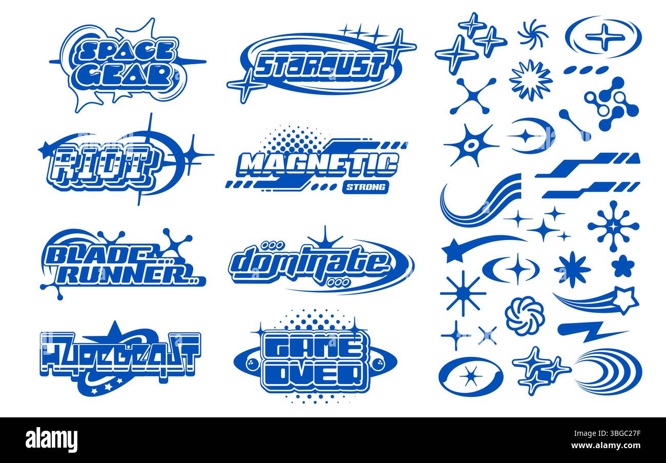 Y2k streetwear label icons and signs in bold blue color. Vector 