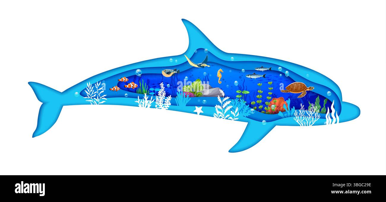 Dolphin silhouette with paper cut underwater landscape, sea animals and ...