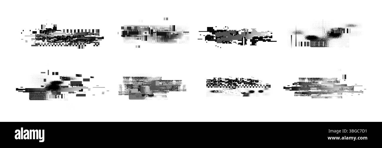 Pixel glitch distortion textures - black and white grainy noise and random squares. Horizontal scanlines and digital artifacts. Retro futuristic elements set for overlay design in cyberpunk style. Stock Vector