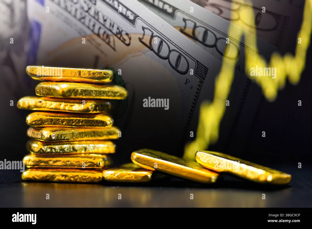 Gold bars and US dollar bill banknotes background. online concept asset commodity trading or buy gold bars for investment Stock Photo