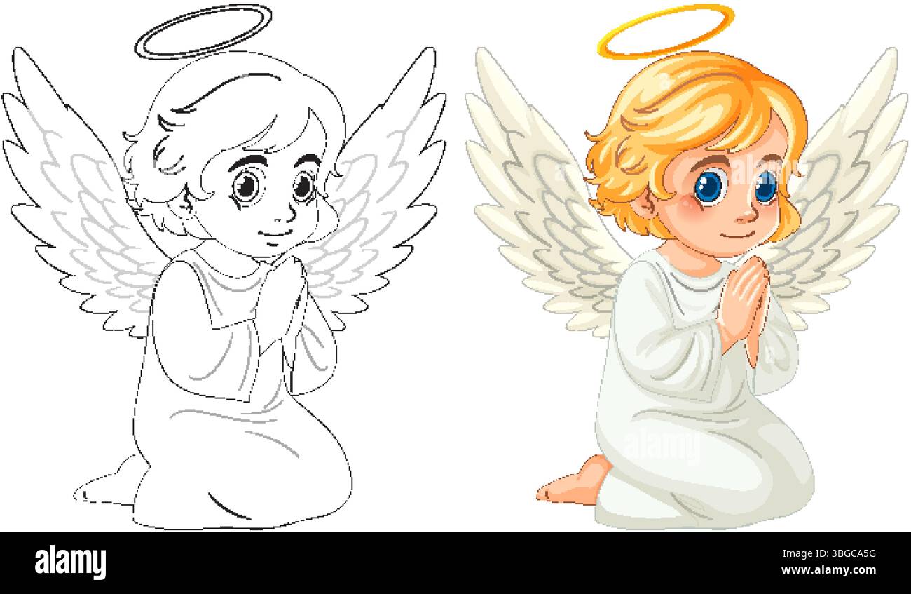 Charming vector illustration of a kneeling child angel with golden hair ...