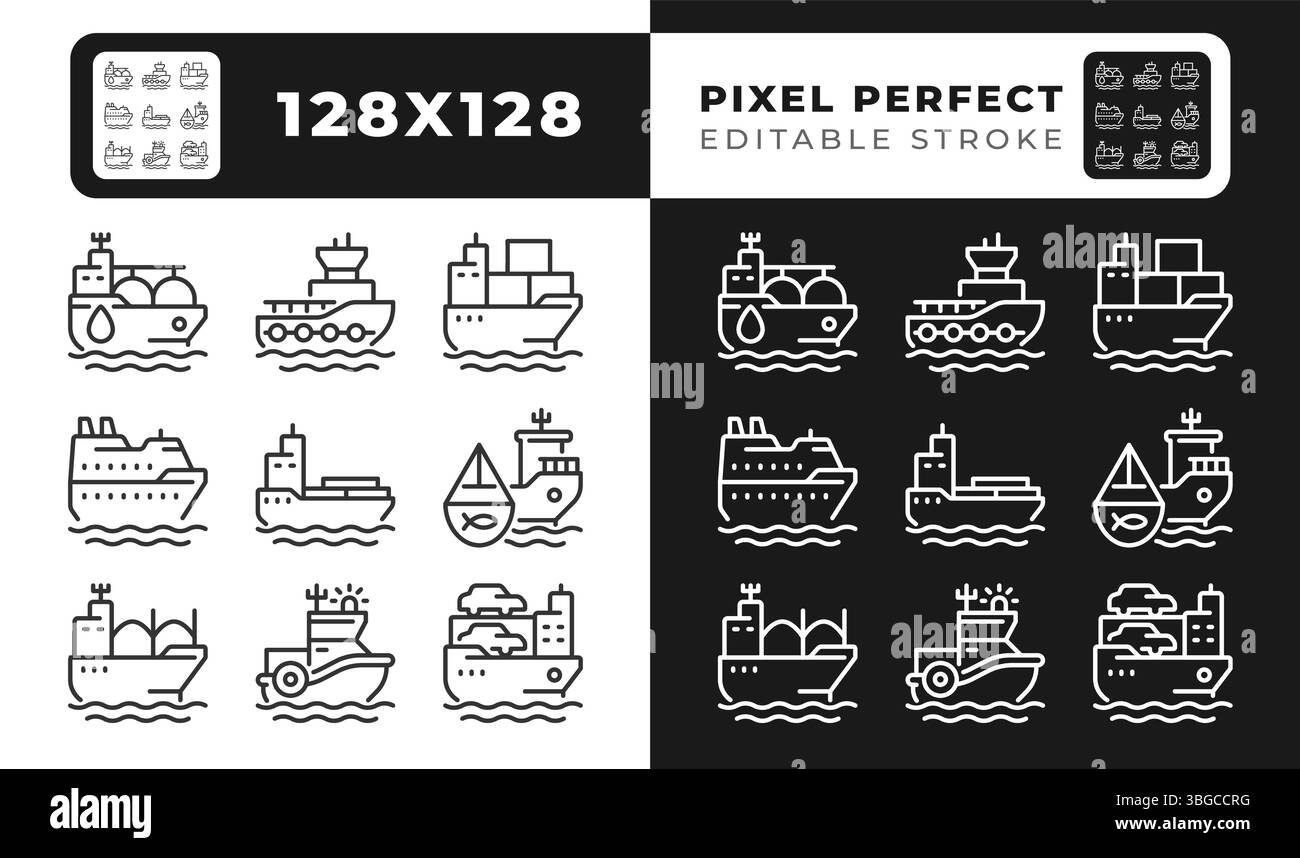 Cargo shops types pixel perfect black and white line icons set Stock ...
