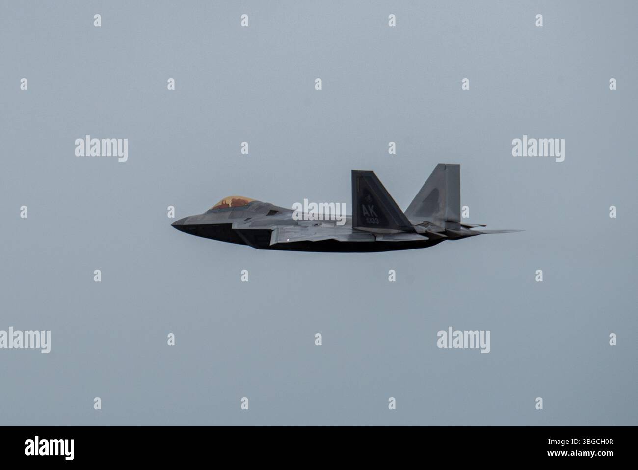 A U.S. Air Force F-22 Raptor assigned to the 3rd Wing conducts aerial maneuvers during Exercise Tropic Tundra at a remote location in Alaska, June 3. The F-22 is an American twin-engine, all-weather, supersonic stealth fighter aircraft and provides power projection across the Indo-Pacific region. Airmen assigned to the 673d Air Base Wing and 3rd Wing  came together to form the 3rd Air Expeditionary Wing during the exercise, testing and training their ability to receive and launch F-22 Raptor aircraft in austere locations and execute Agile Combat Employment techniques in preparations for Exerci Stock Photo