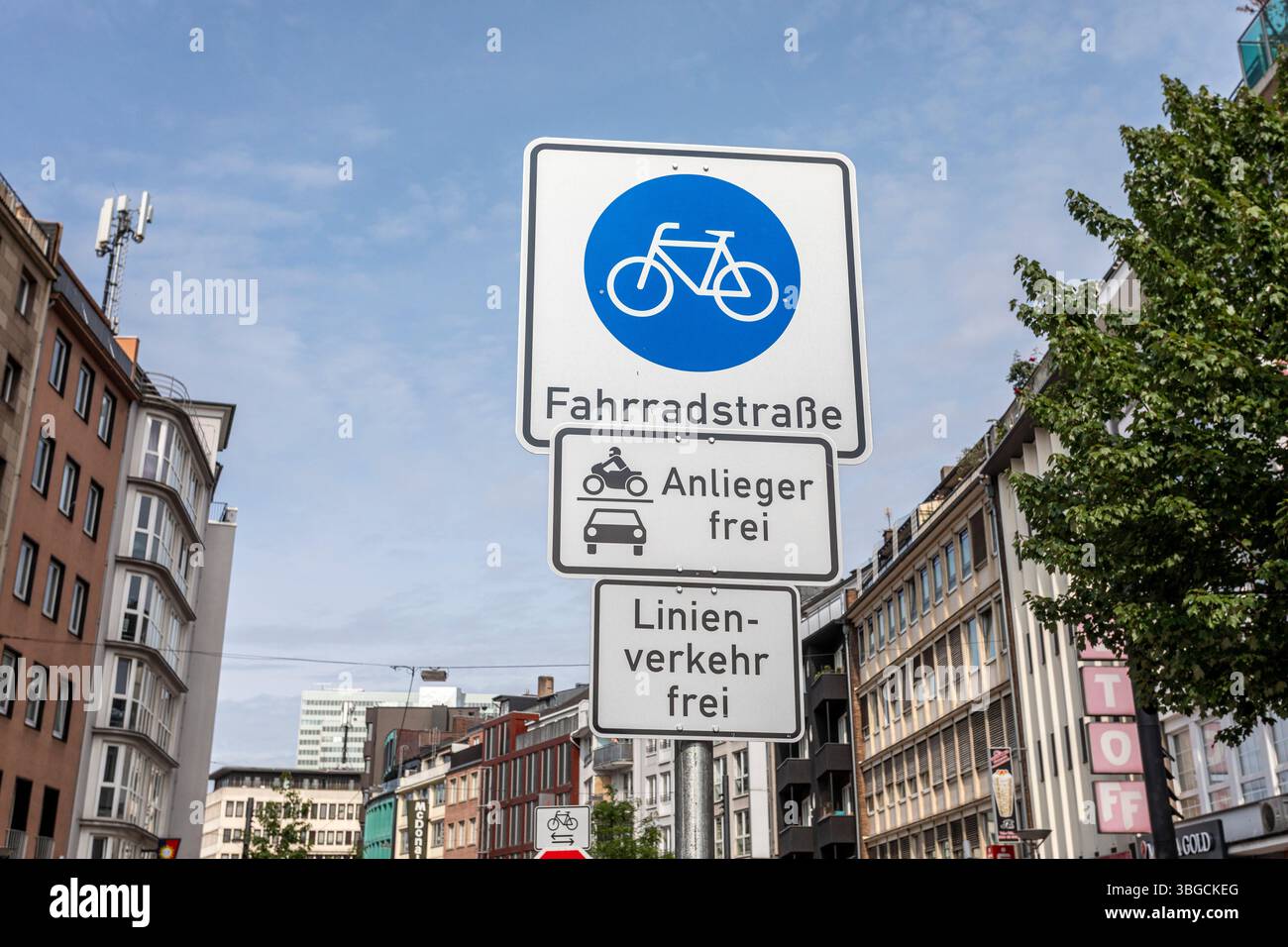 New bicycle street in Düsseldorf city centre, traffic turnaround Stock Photo