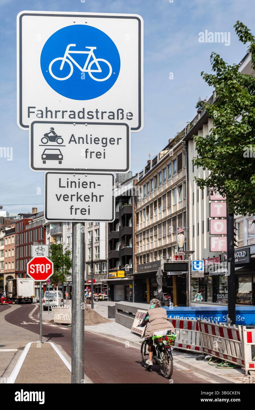 New bicycle street in Düsseldorf city centre, traffic turnaround Stock Photo