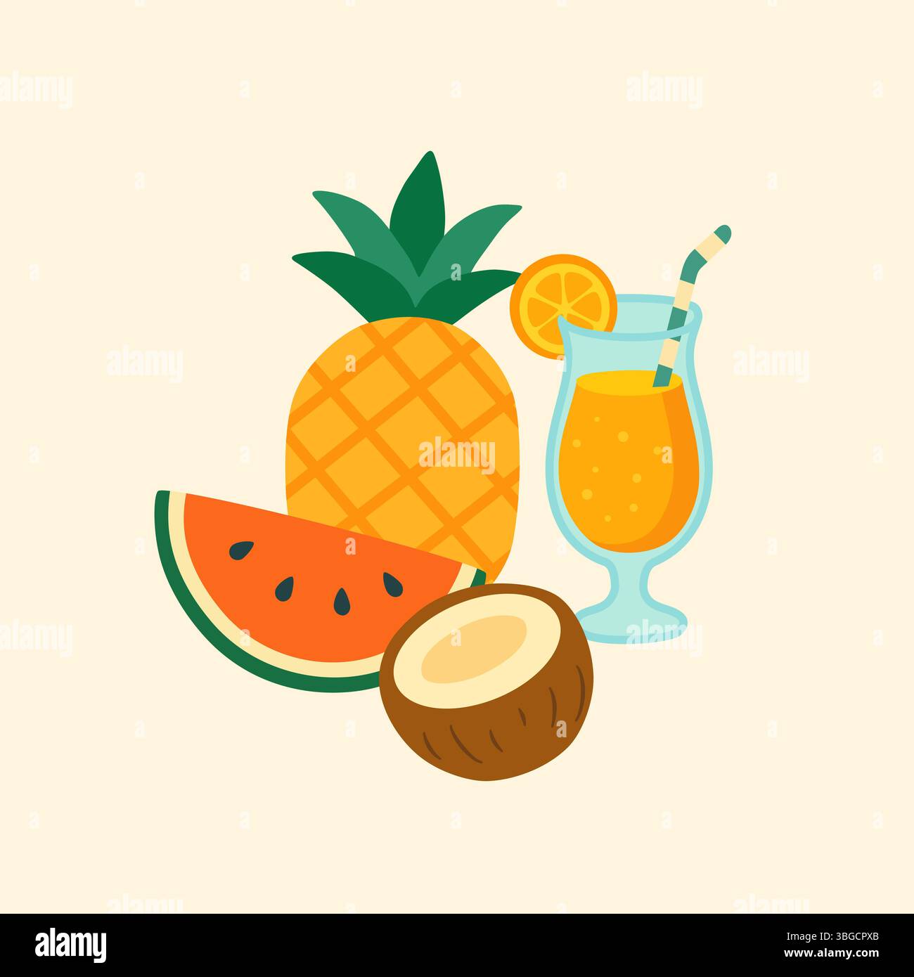 Tropical Fruits and Drinks. Flat Summer Vector Stock Vector
