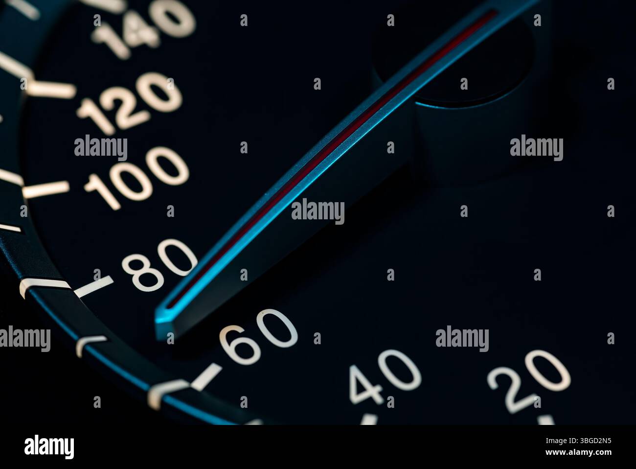 Close-up of car speedometer needle pointing at 80, displaying current ...