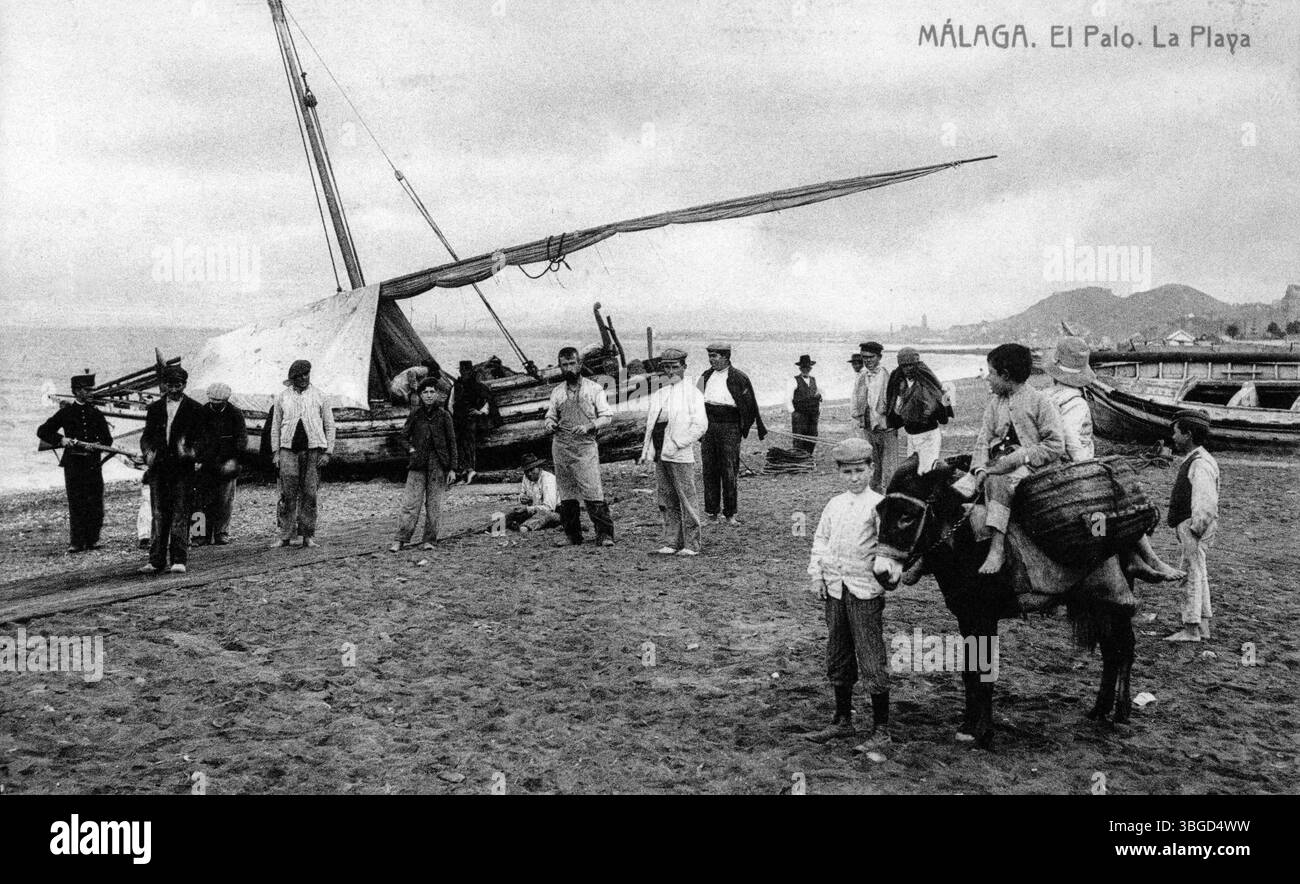 Tirage Vintage Photochromie « Pescadores Sacando El Copo » - Málaga, Espagne - Format 23x17 Cm