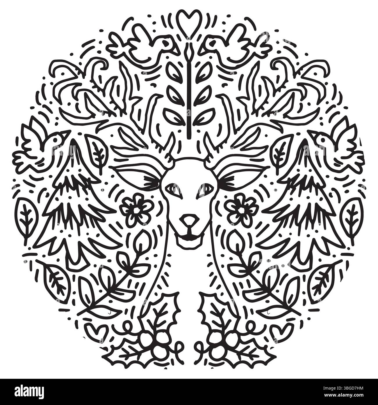 Hand drawn doodle deer with floral ornament. Vector illustration Stock ...