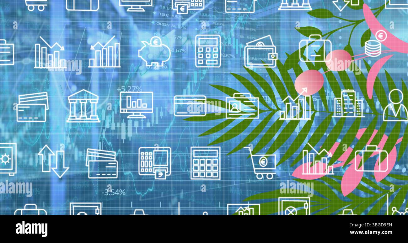 Image of falling icons and leaves over data processing Stock Photo