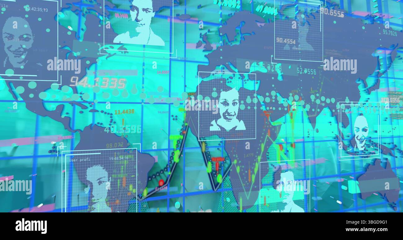 Image of statistics and data processing over globe and world map Stock Photo