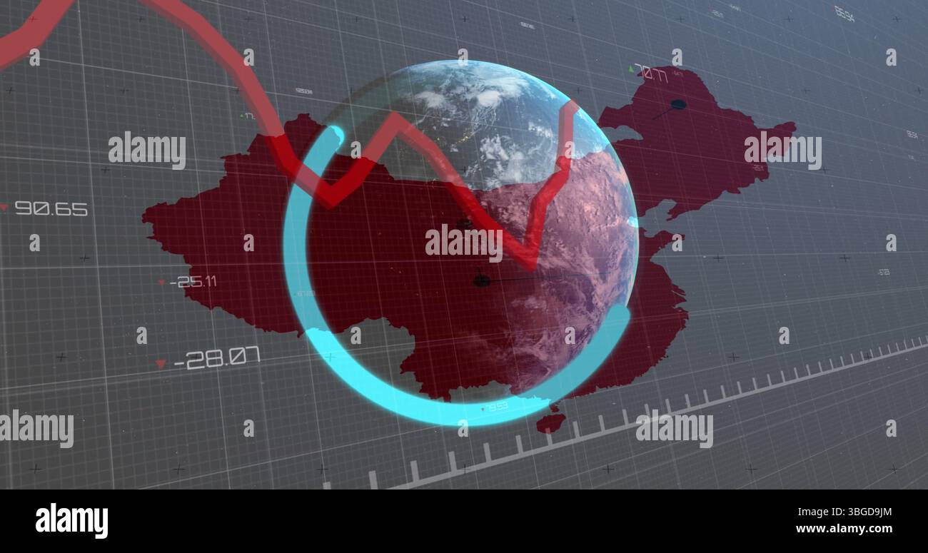 Image of data processing with graph over world map and globe Stock Photo