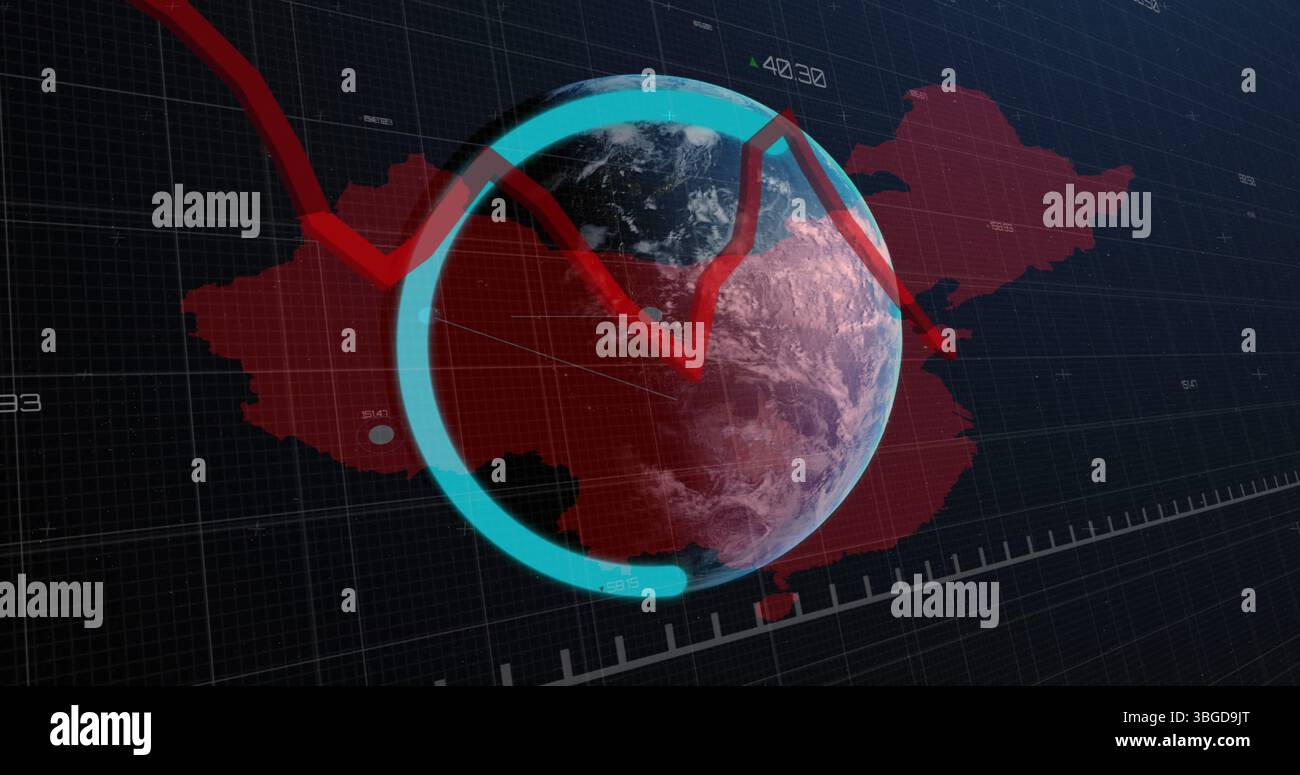 Image of data processing with graph over world map and globe Stock Photo