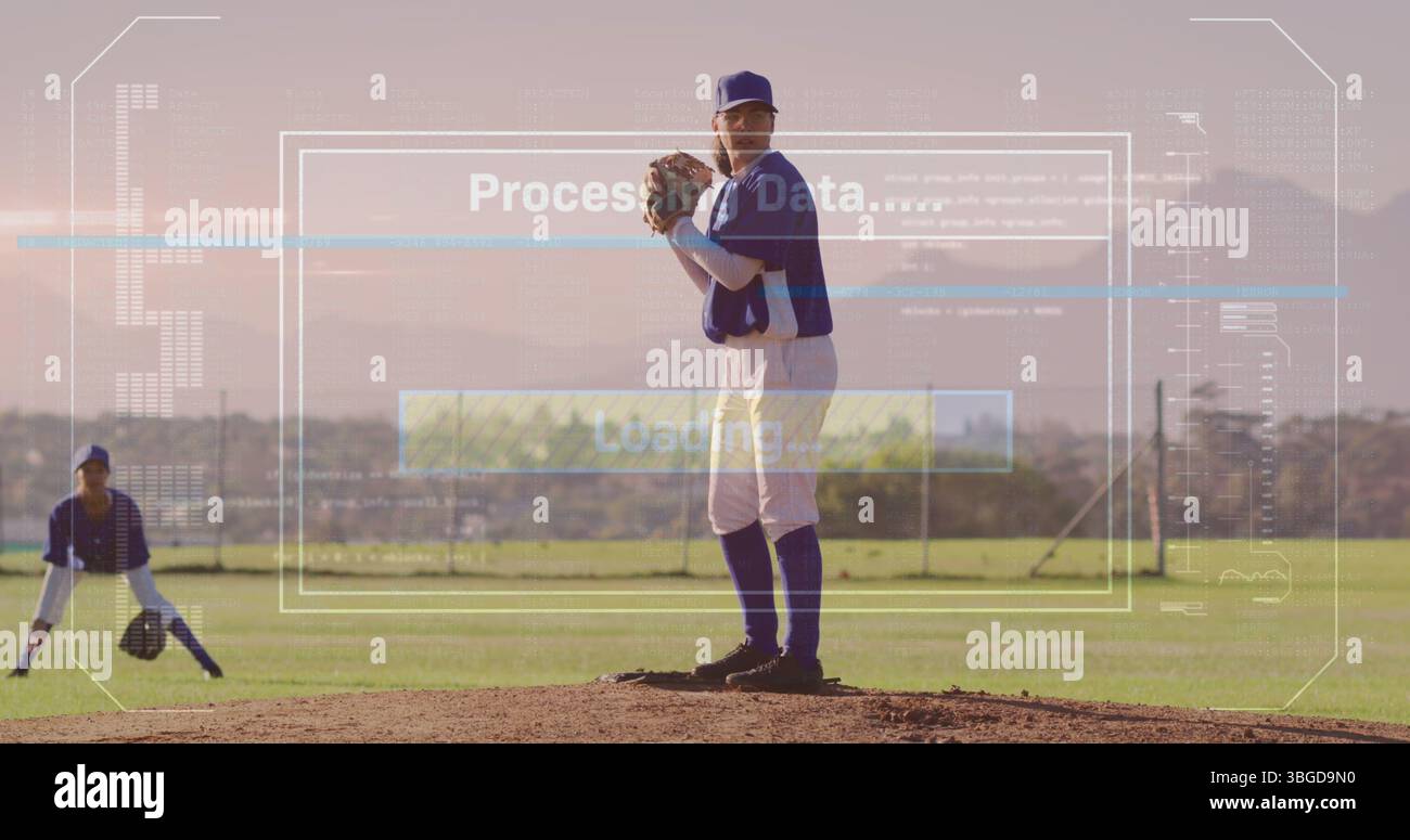 Image of world map and processing over rugby player holding over sports ...