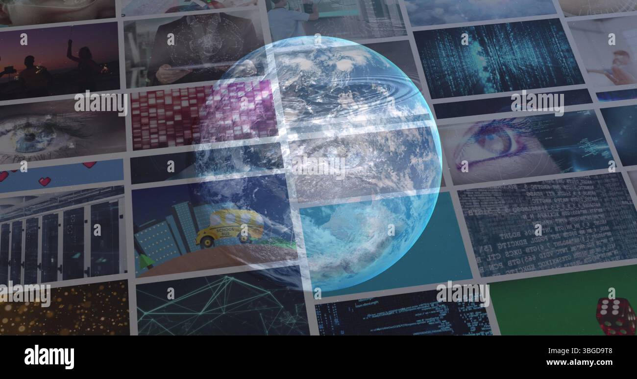 Image of globe rotating over data on screens Stock Photo