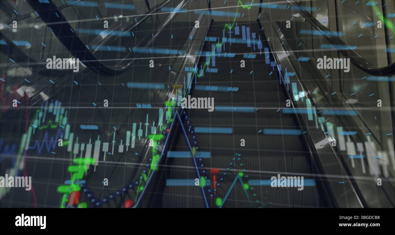 Image of graphs and financial data over escalator Stock Photo