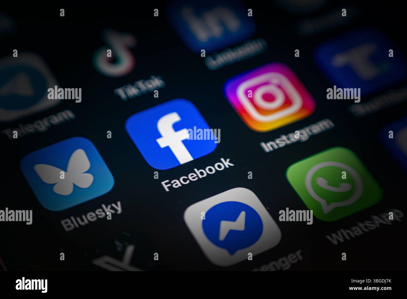 Antalya, Turkey - June 5, 2025: Facebook App icon among various application icons on smartphone screen Stock Photo