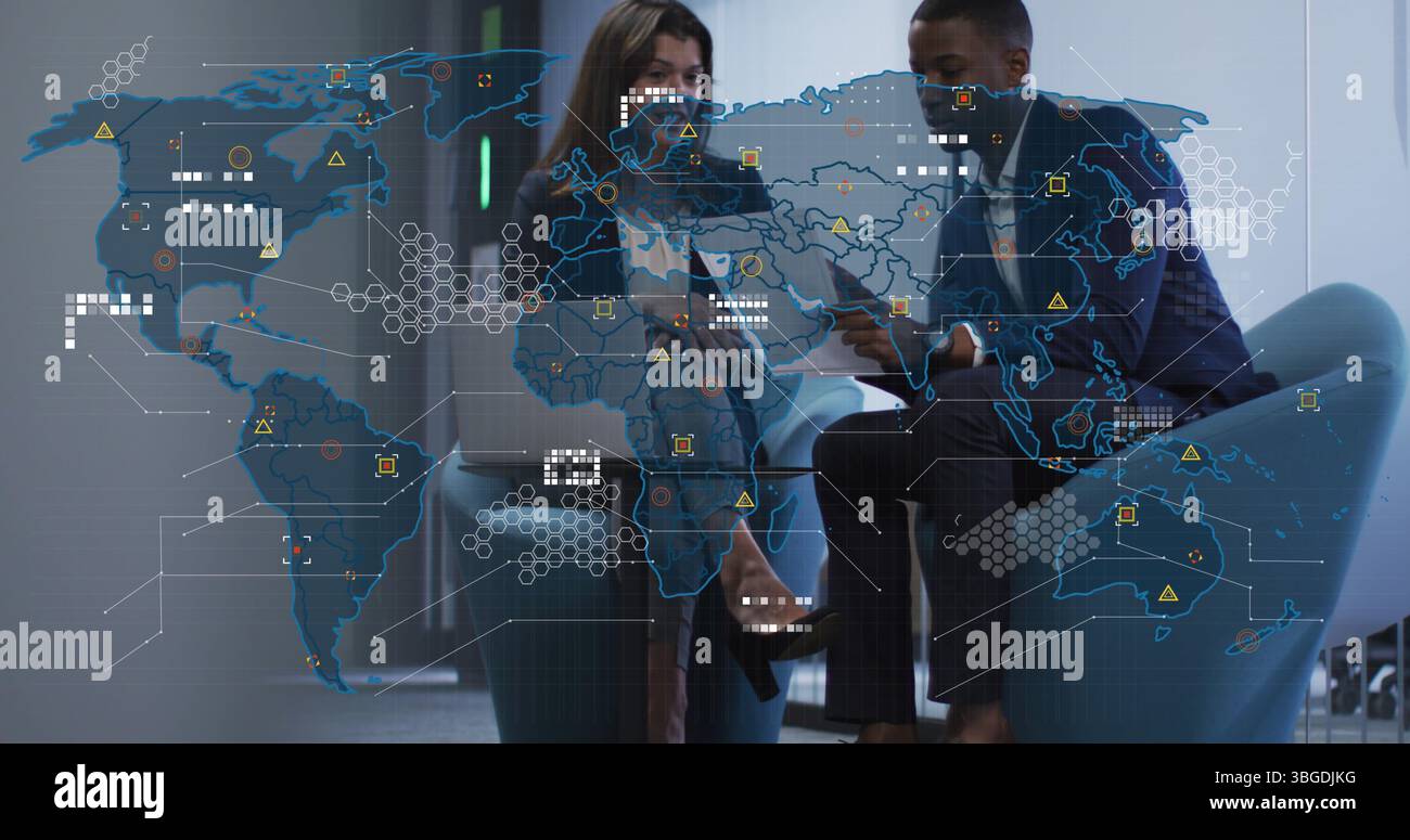 Image of world map over diverse business people in office Stock Photo