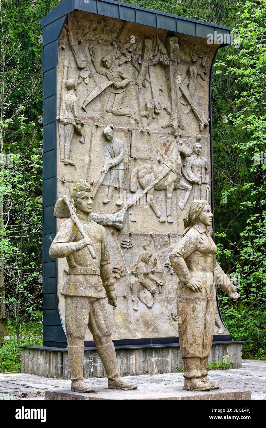 Waldarbeiterdenkmal, Forestry Workers' Memorial in Oberhof, Thuringia, Germany. East German historic cultural monument in the Thuringian Forest. Stock Photo
