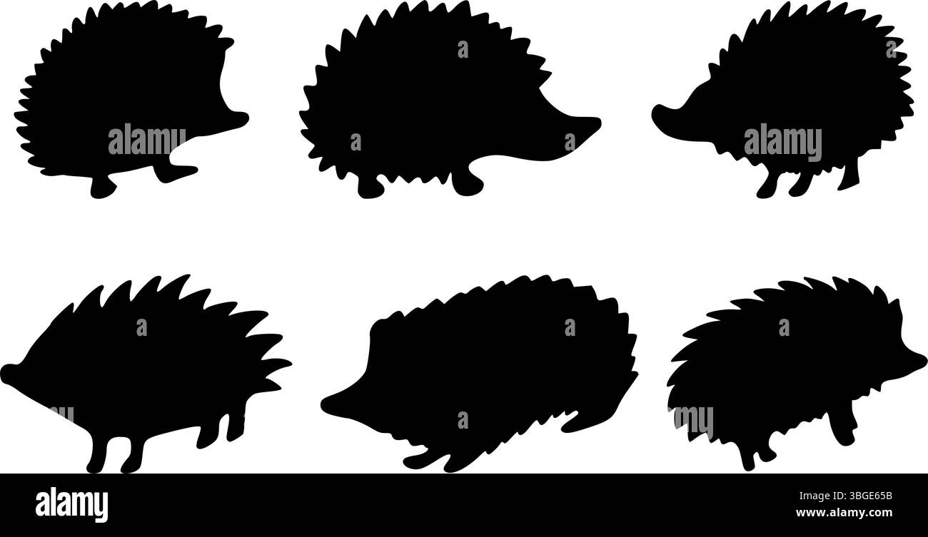Hedgehog silhouette set, black hand drawn flat vector illustration of ...