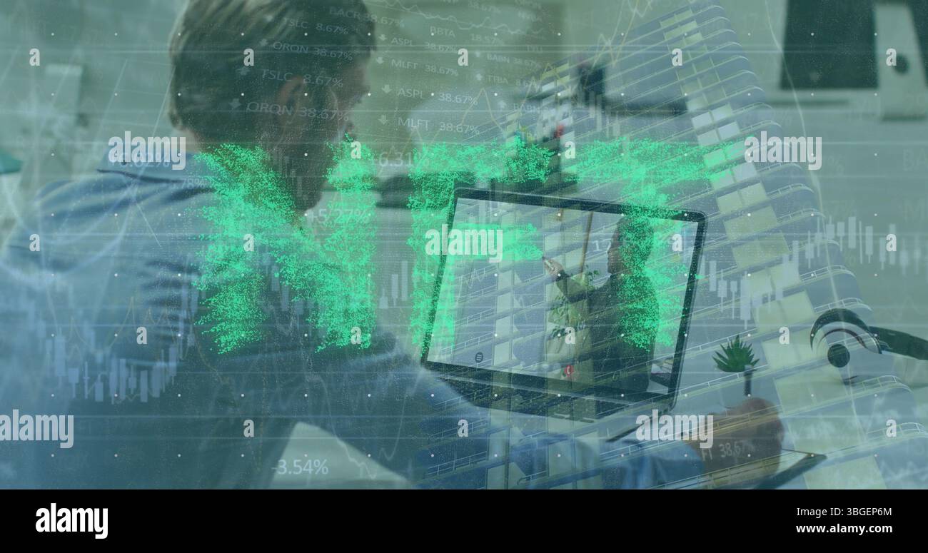 Image of nft over caucasian man having image call on laptop Stock Photo