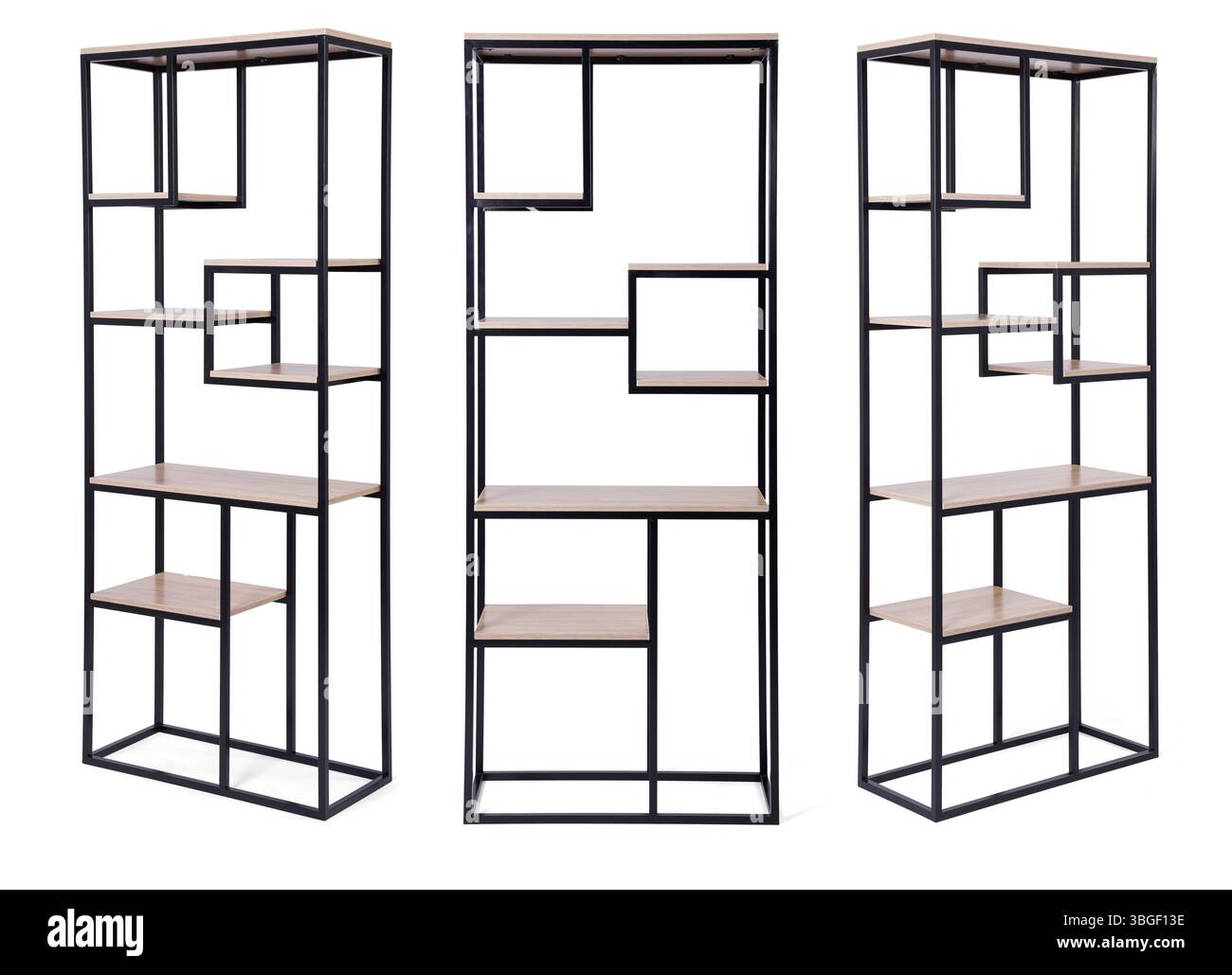 Metal book shelve isolated on white background .Different angles Stock Photo