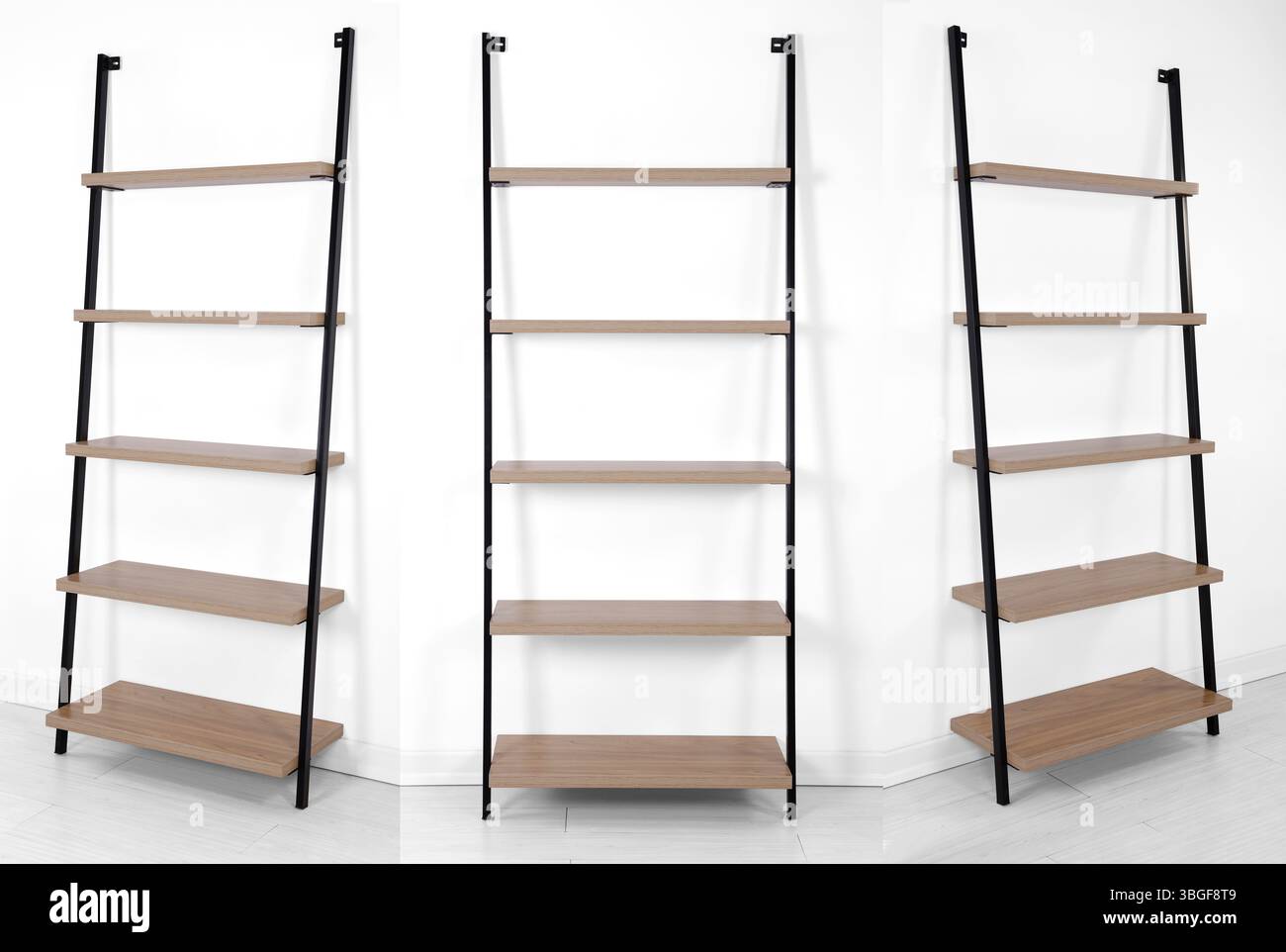 Metal book shelve isolated on white background .Different angles Stock Photo