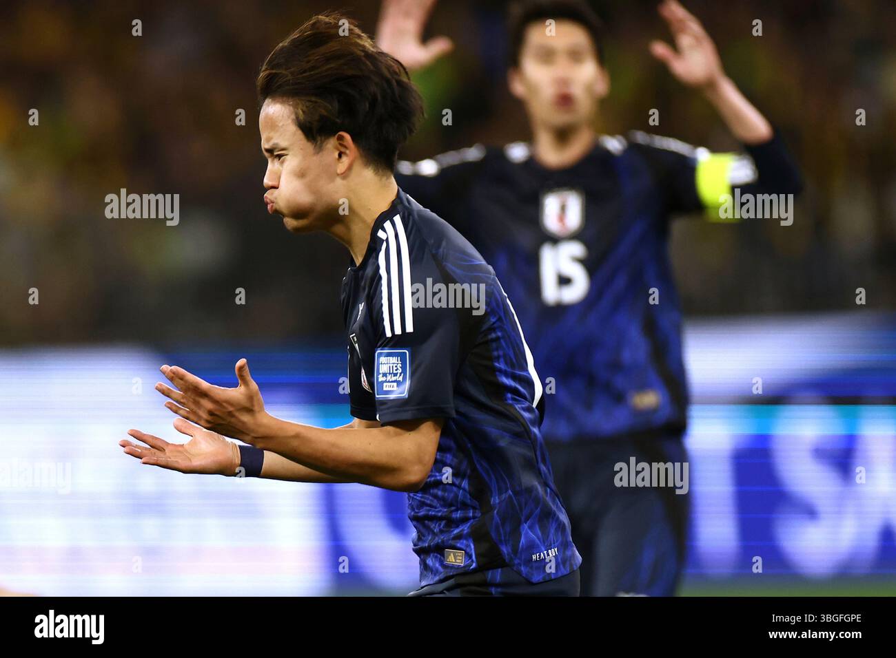 Japan's Takefusa Kubo reacts after missing a shot on the Australian ...