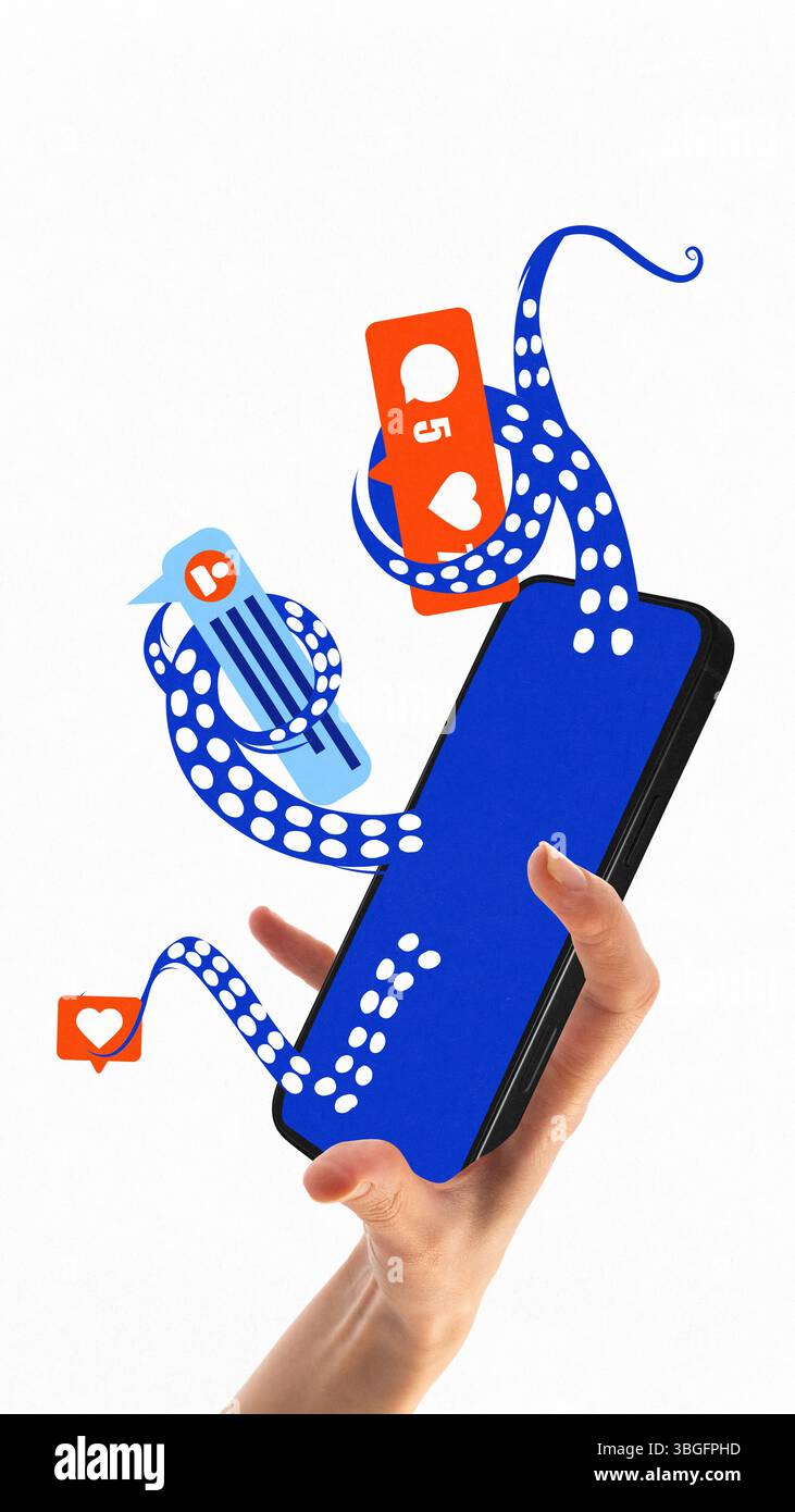 Blue octopus tentacles emerging from smartphone grabbing social media ...