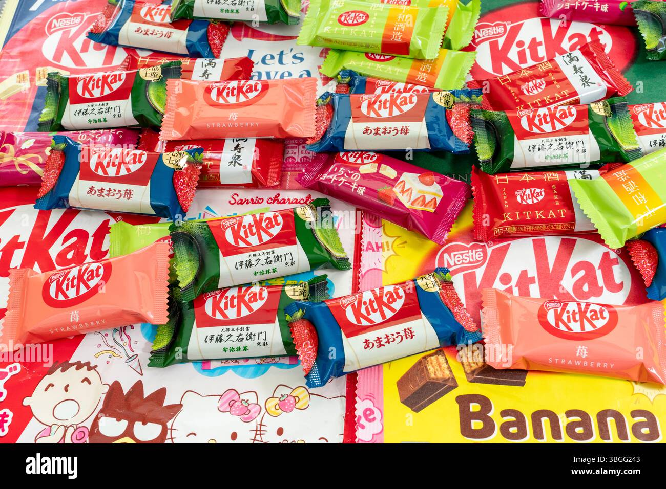 Assorted Japanese packets and mini Kit Kat bars seen from above ...