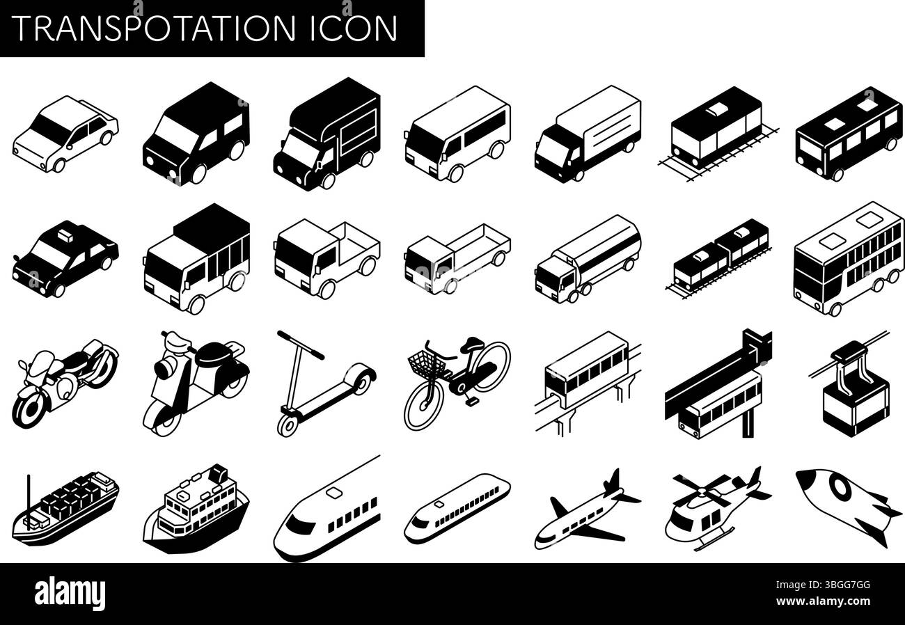 Vehicle icon set, set of simple and cute isometric black and white line ...