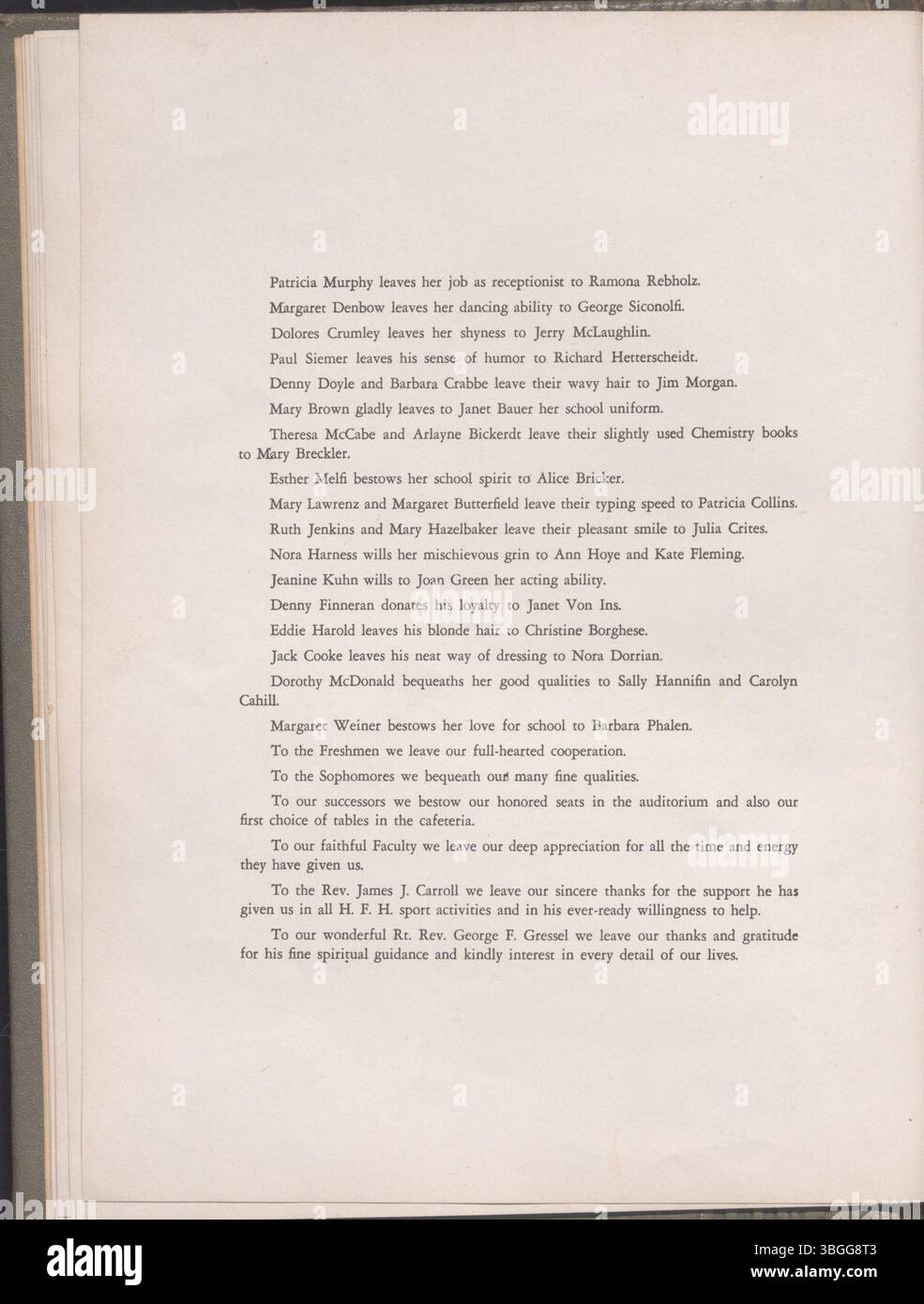 The page from the 1949 yearbook of Holy Family High School, called 