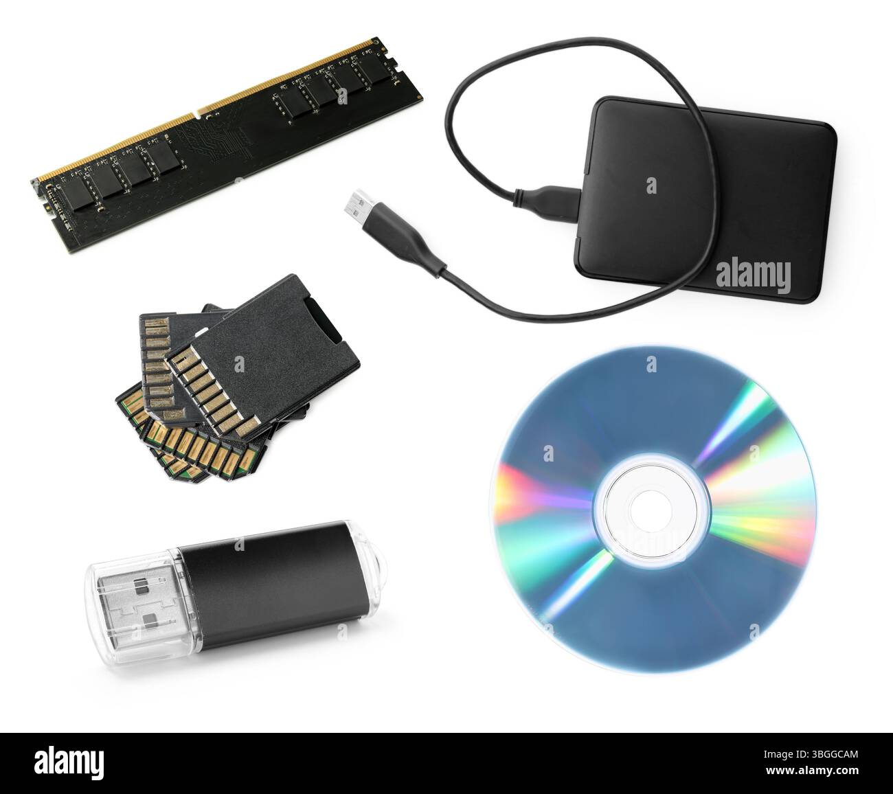 Different modern memory drives isolated on white, collage Stock Photo