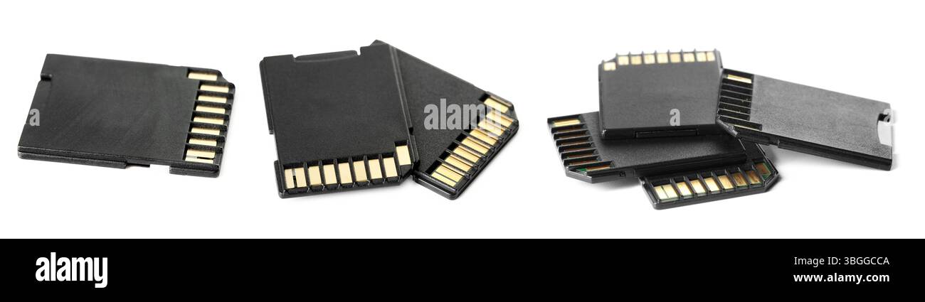 SD memory cards isolated on white, collage Stock Photo