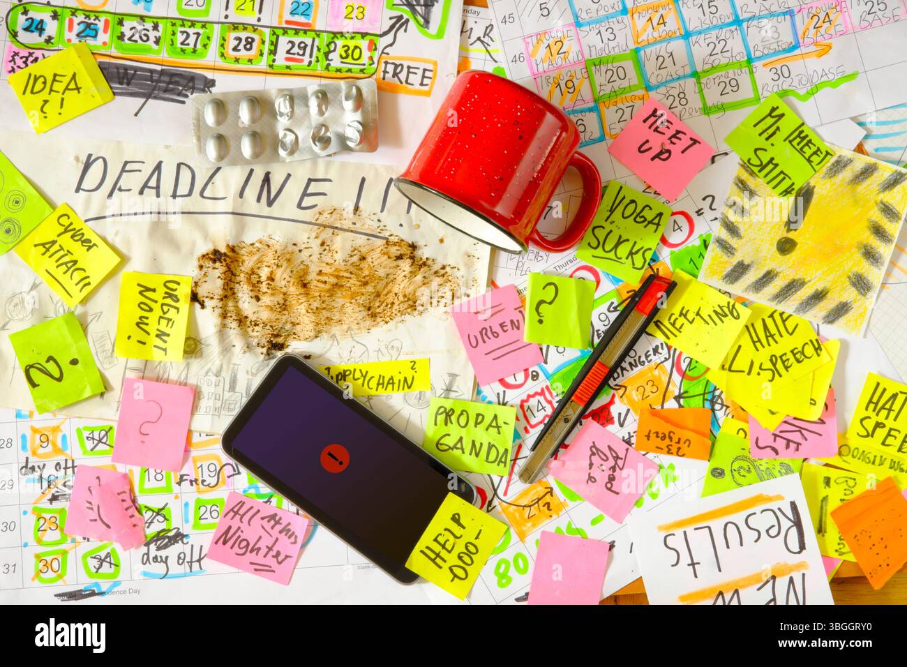 Calendars with business appointments, deadline notice and adhesive notes on cluttered desk. Business concept,beat the clock,stress,overwoked,bureaucra Stock Photo
