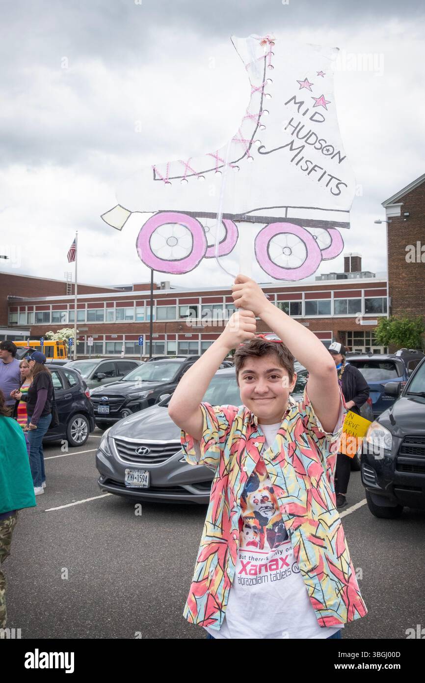 A member of the Mid Hudson Misfits ,whose motto is skate & don't hate, at the 2025 New Paltz Pride Parade. They are a roller derby team. Stock Photo
