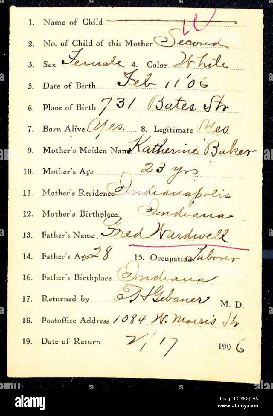 This page from the Marion County Indiana birth returns (1882 1907