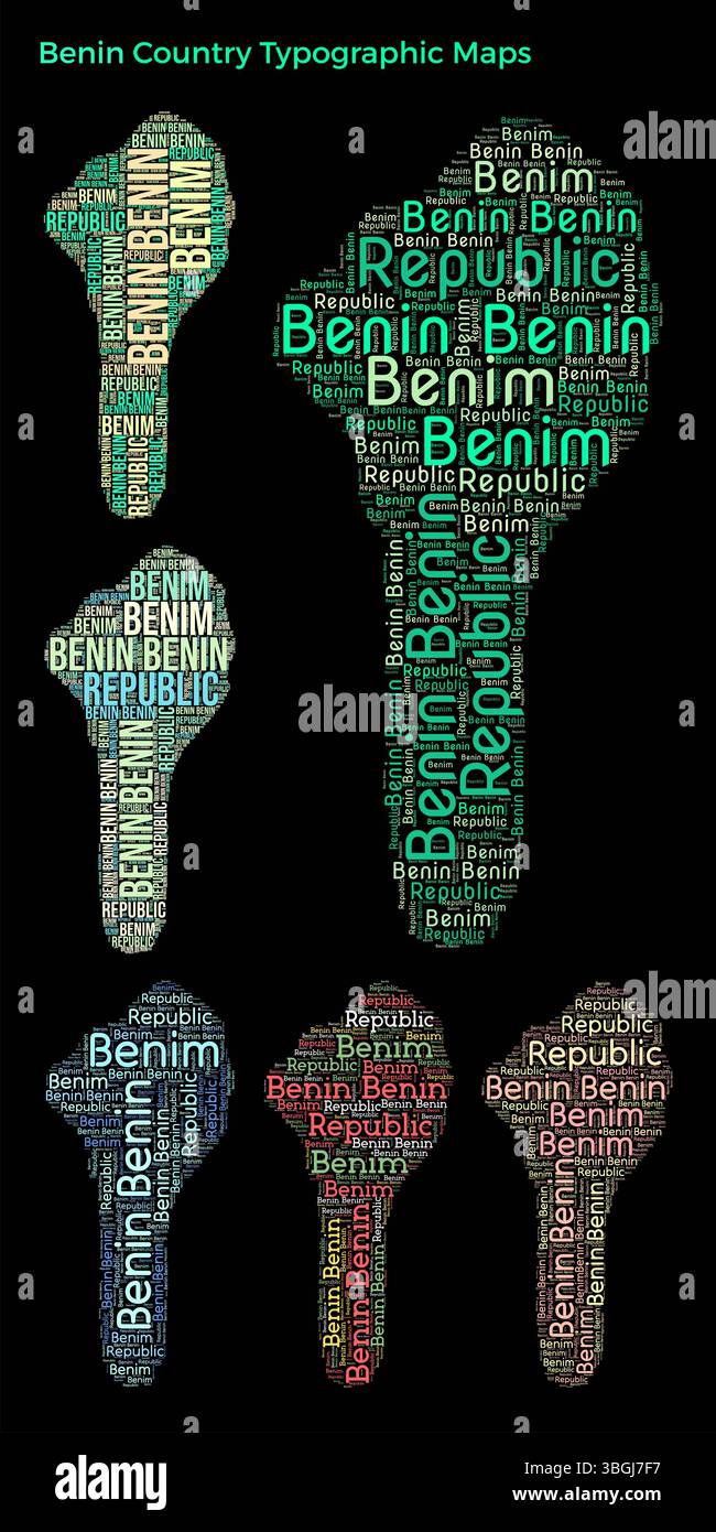 Benin. Set of typography style country illustrations. Benin map shape build of horizontal and vertical country names. Vector illustration. Stock Vector