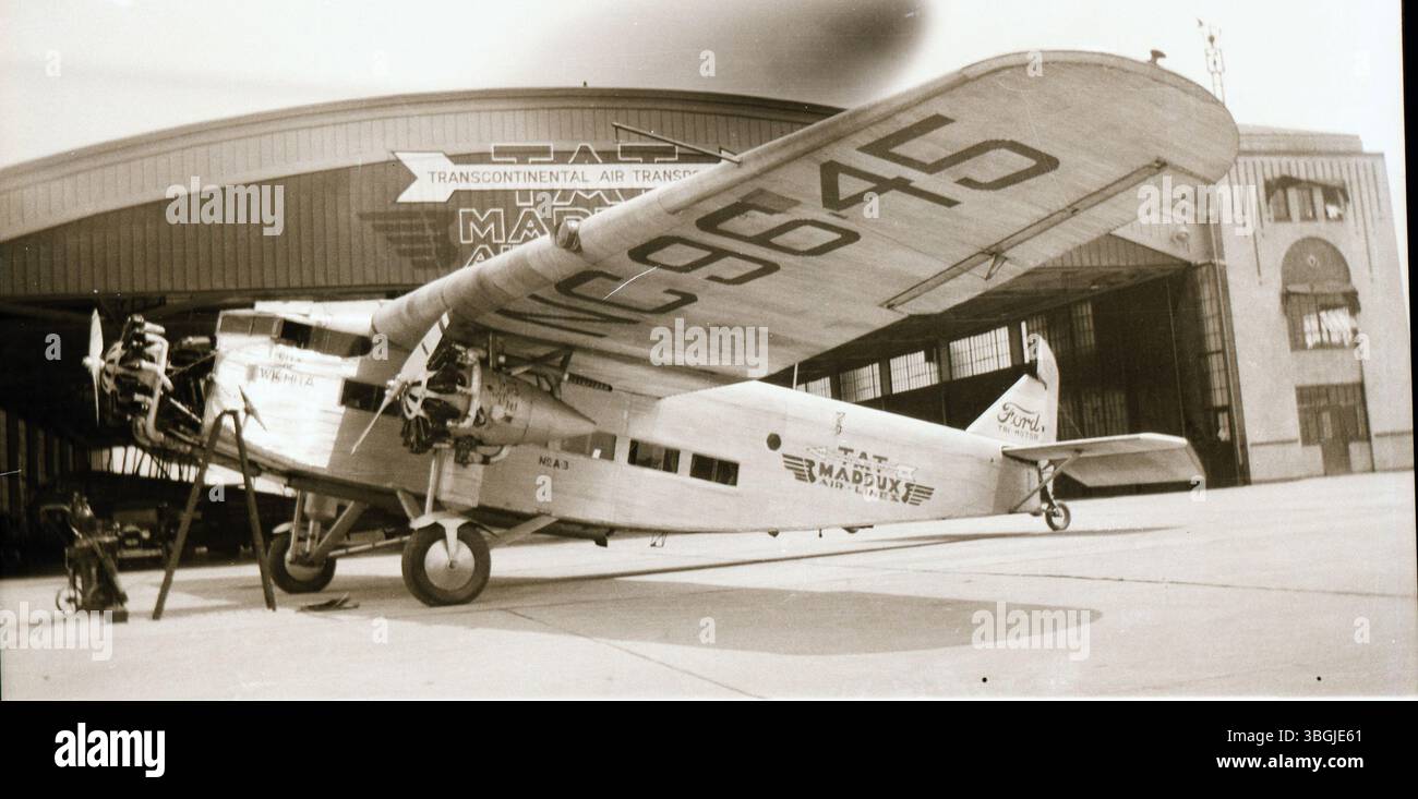 The Ford Tri-Motor airplane, NC9645, with Maddux Air Lines and TAT logos, at Port Columbus in 1930. The airlines merged in 1929, and the plane was used for passenger service. Stock Photo