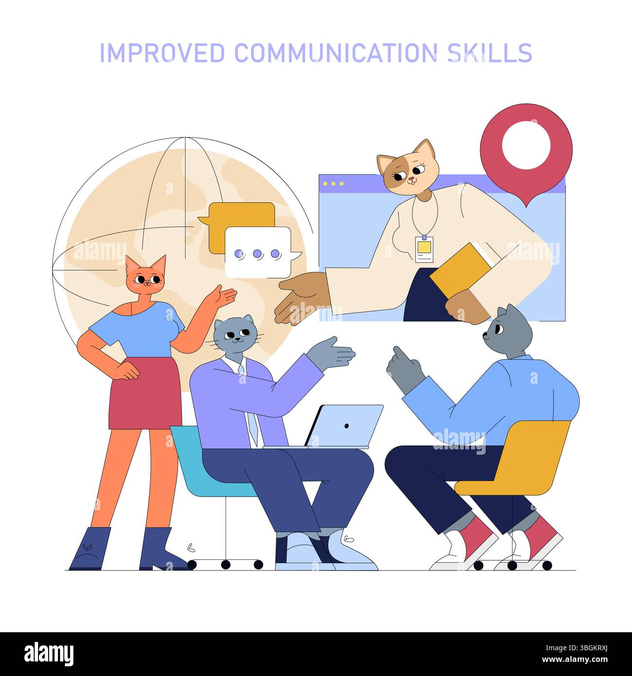 AI integration in the workplace enhances communication skills among team members. Collaborative discussions supported by technology drive engagement and efficiency in diverse work environments. Vector illustration. Stock Vector