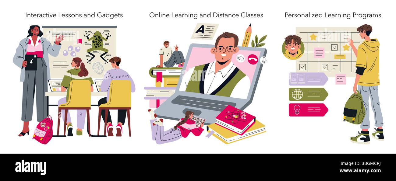 Vector illustration showcasing interactive learning through futuristic technology. Features students in dynamic classroom and online settings, emphasizing customized and distance education. Stock Vector