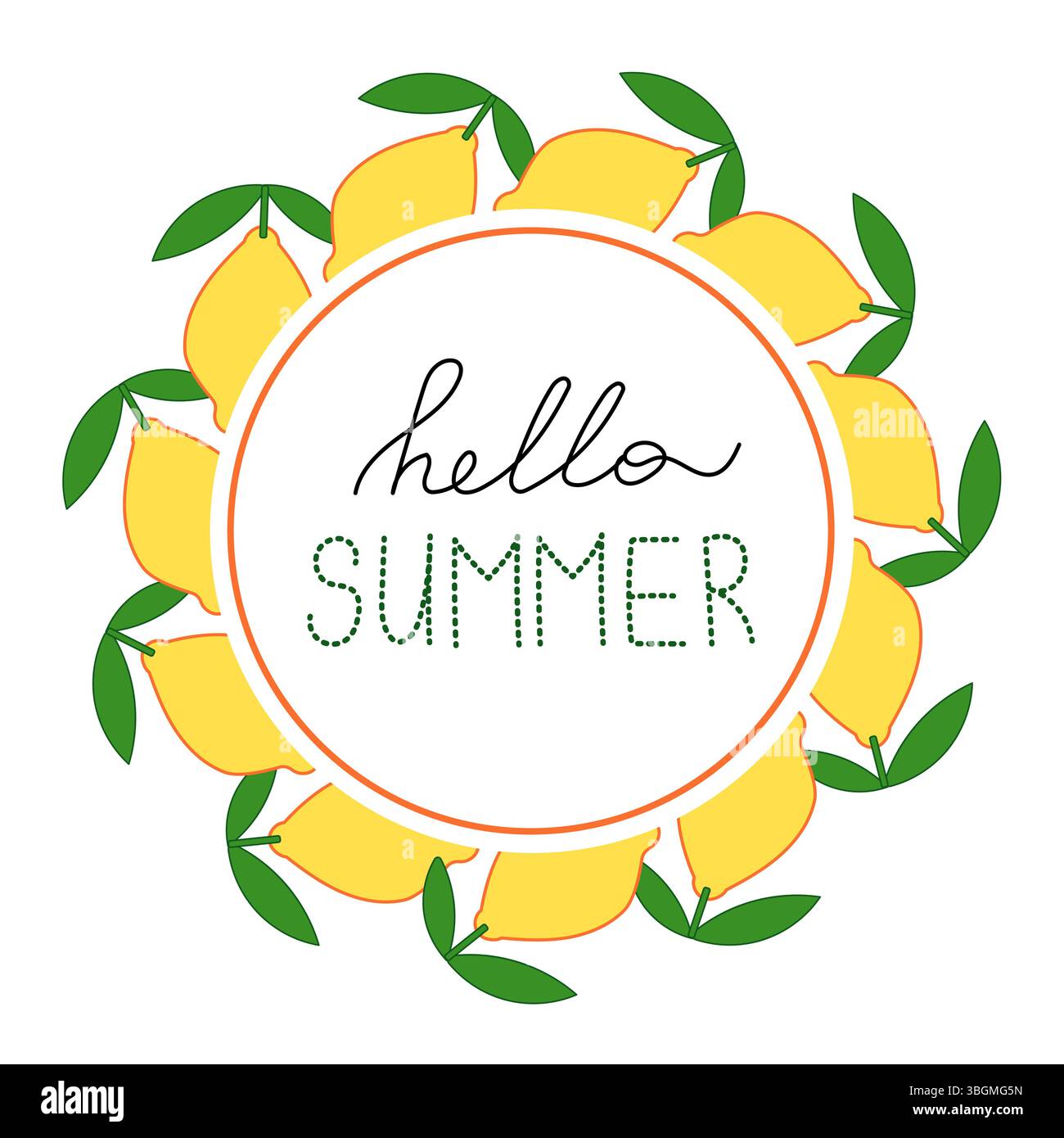 Hello summer text inside round frame with lemons. Summer wreath. Stock Vector