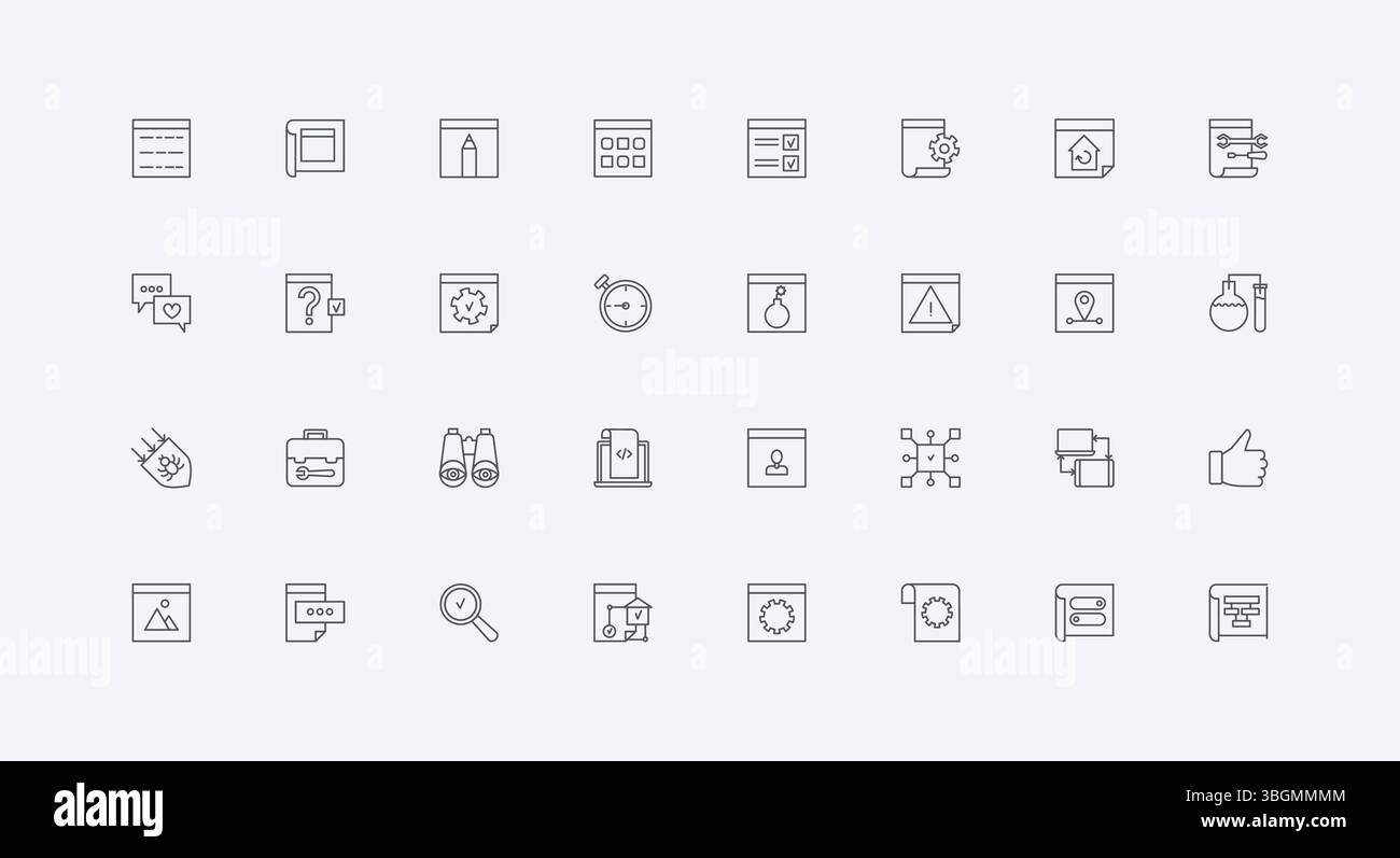 Browser window with gear alert signs, programs to develop and rebuild webpage thin black outline symbols vector illustration. Web development, software coding, algorithms line icon set Stock Vector