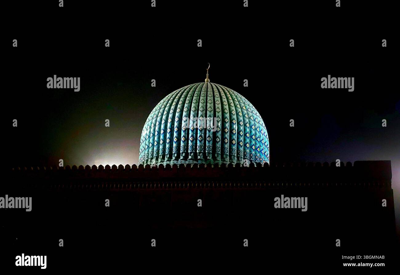 The breathtaking interior dome of Sultan Qaboos Grand Mosque in Sohar, Oman, showcasing exquisite Islamic geometric patterns and artistry. june 5th 25 - Smartphone Captured Stock Image