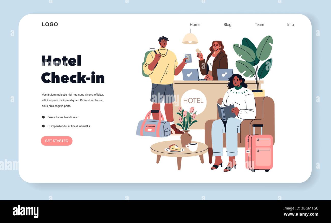 Hotel check-in scene illustrating travelers interacting with hotel ...