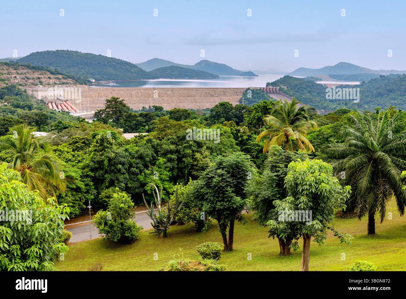 Volta Dam and Lake Volta near Akosombo in the Volta region of eastern Ghana in West Africa Stock Photo