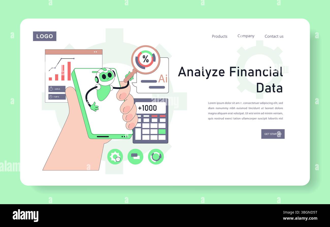 Robot adviser assisting users in analyzing financial data through a smartphone interface. Visual representation of technology integration in finance, showcasing analytics and AI efficiency. Vector illustration. Stock Vector
