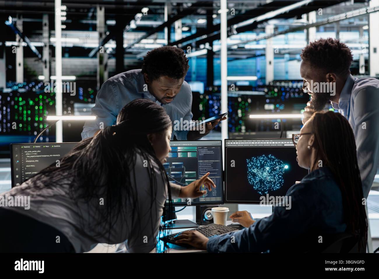 Data center engineering team implements AI virtualization frameworks to optimize server clusters. Teamworking server hub colleagues do artificial intelligence predictive analysis Stock Photo