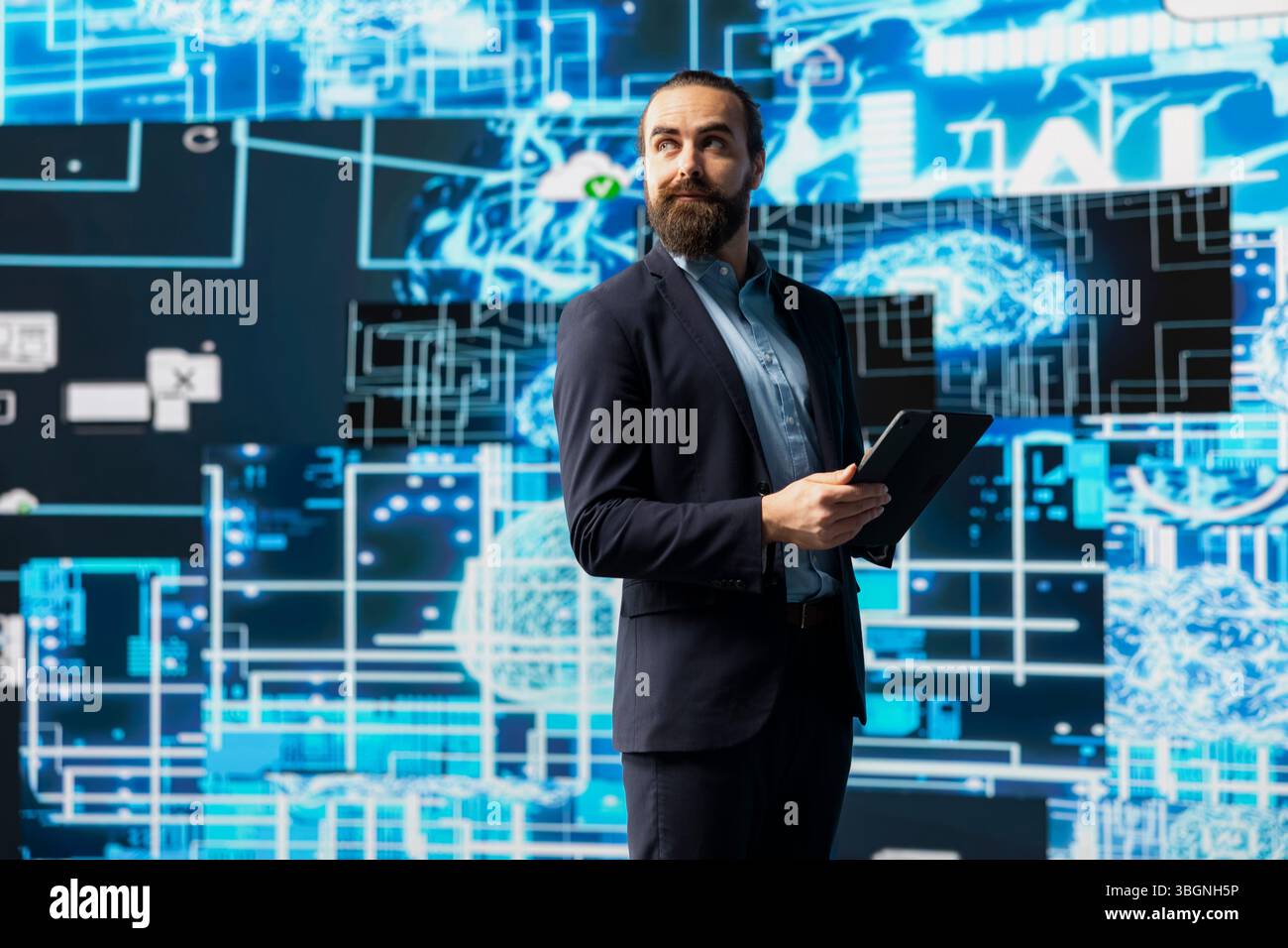 Young entrepreneur interacting with a digital AI brain symbolizing platforms, using deep learning and algorithm development for intelligent innovation and future tech strategy. Stock Photo